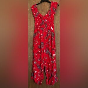 Magnolia Skye Women Red Floral Romper Jumpsuit Short Sleeve Smocked BoHo M